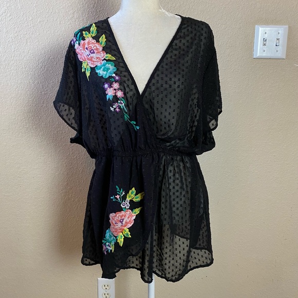 torrid Tops - Torrid Black Sheer Polka Dot Embroidered Top